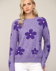 Pearl Embellished Floral Knit Fuzzy Sweater