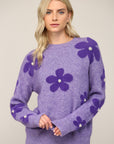 Pearl Embellished Floral Knit Fuzzy Sweater