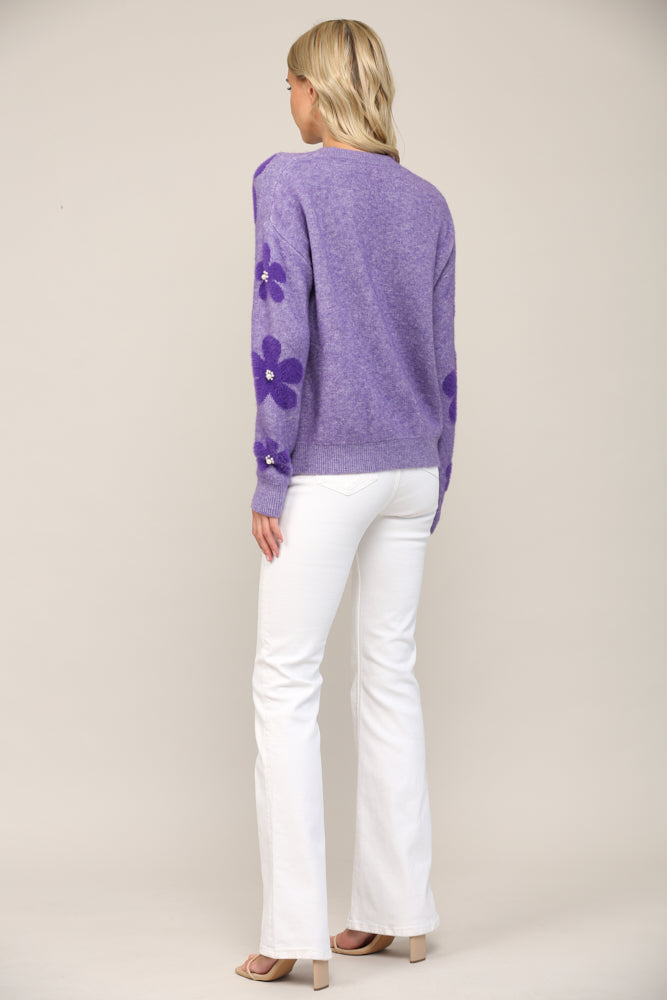 Pearl Embellished Floral Knit Fuzzy Sweater