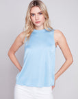 Sleeveless Satin Top w/Rib Neckband - Sky