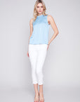 Sleeveless Satin Top w/Rib Neckband - Sky