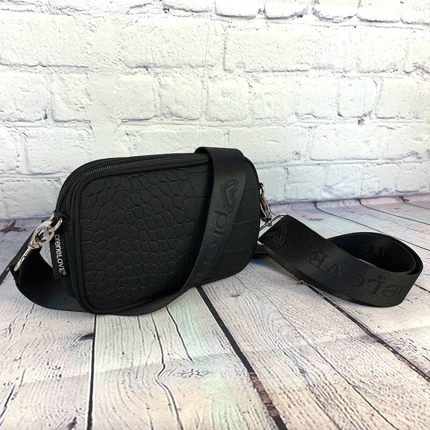 Black Croc-embossed Dual Zipper Belt/Crossbody